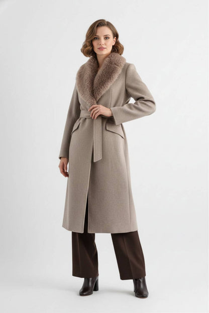 Refuge Long coat with soft collar and belted waist for women | Caurelle