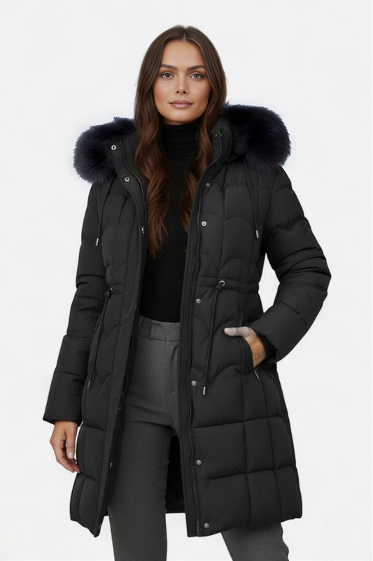 Long hooded puffer coat with drawstring waist for women -1