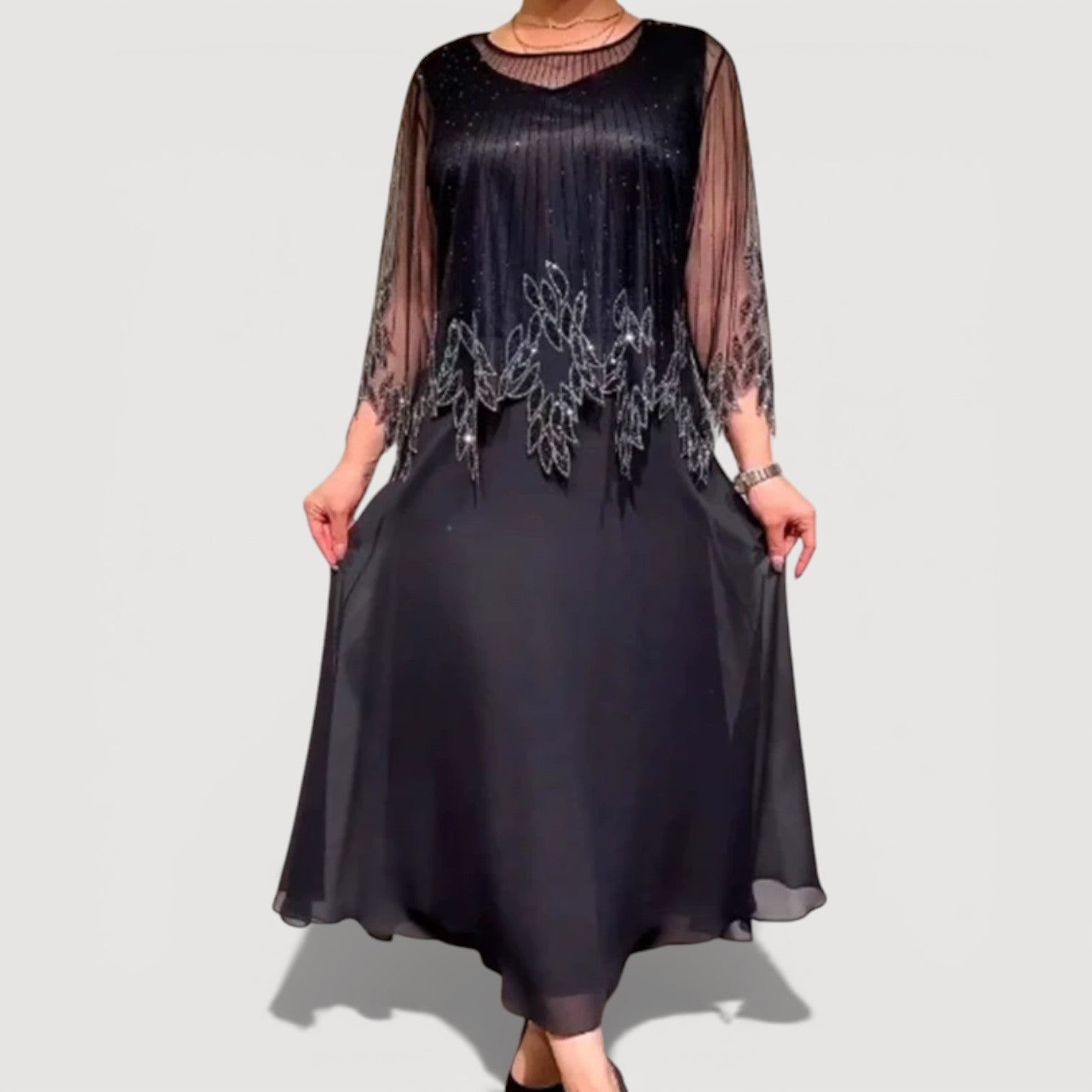 Elegant sheer-sleeve occasion midi dress for women | Doris -1