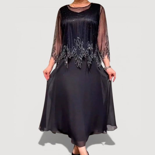 Elegant sheer-sleeve occasion midi dress for women | Doris -1
