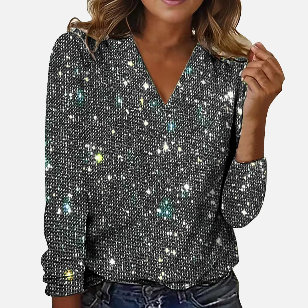 V-neck sparkle detail evening blouse for women | Jade -4