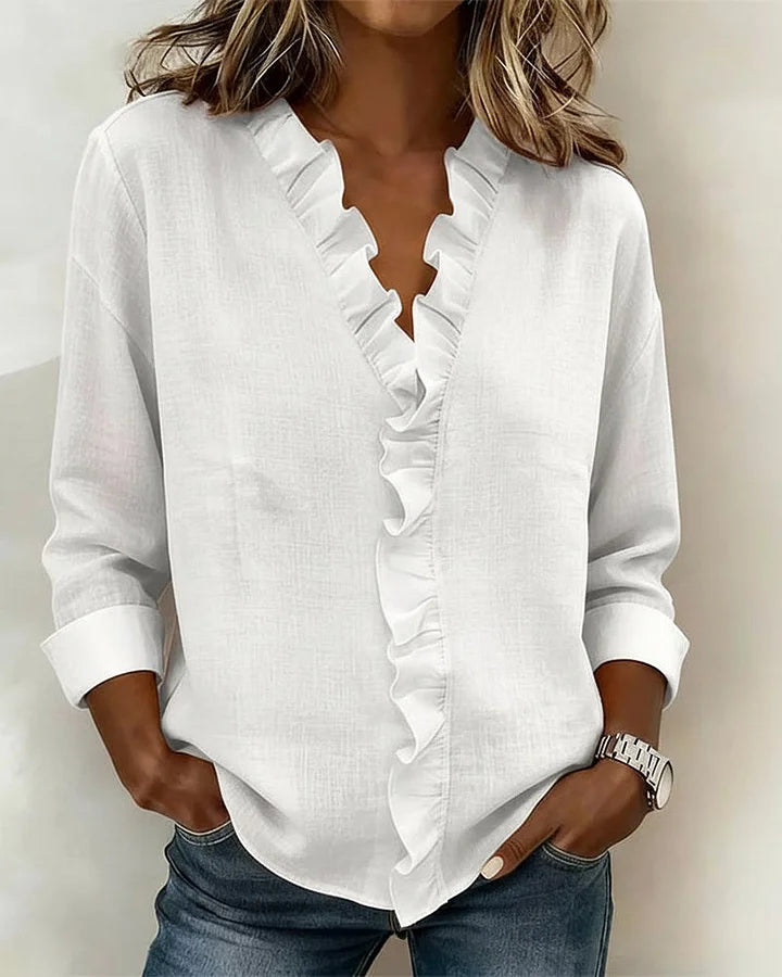 Crew Blouse with ruffled V-neck and long sleeves for women | Indie