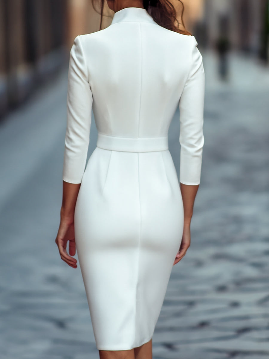 Refined belted mandarin-collar sheath dress for women -9