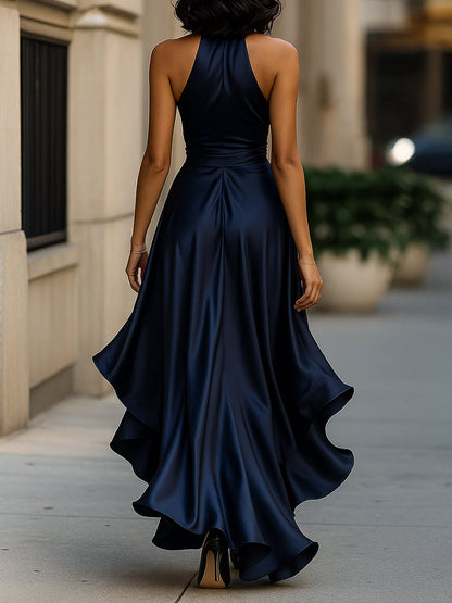 Sleek satin halter ruffle evening gown for women -2