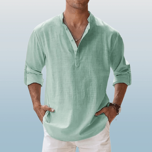 Casual linen blend henley shirt for men -4