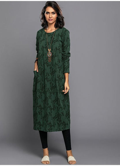 Relaxed long-sleeve midi dress with pockets for women -1