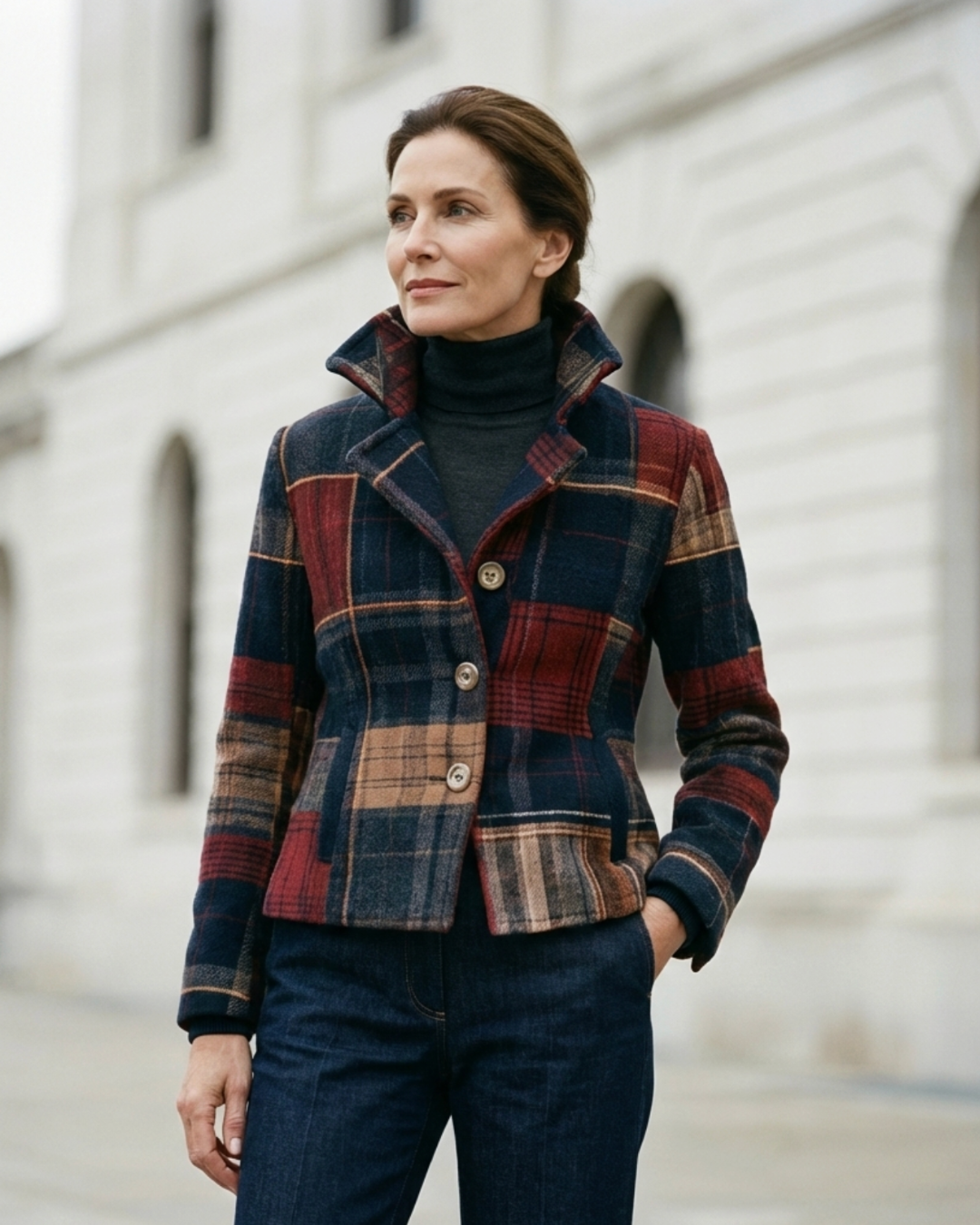 Classic plaid stand-collar jacket for women | Ira -7