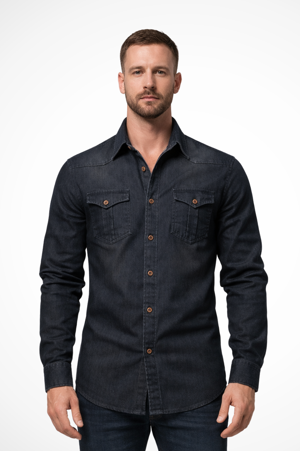 Slim-fit long-sleeve button-down denim shirt for men | Aiden -8