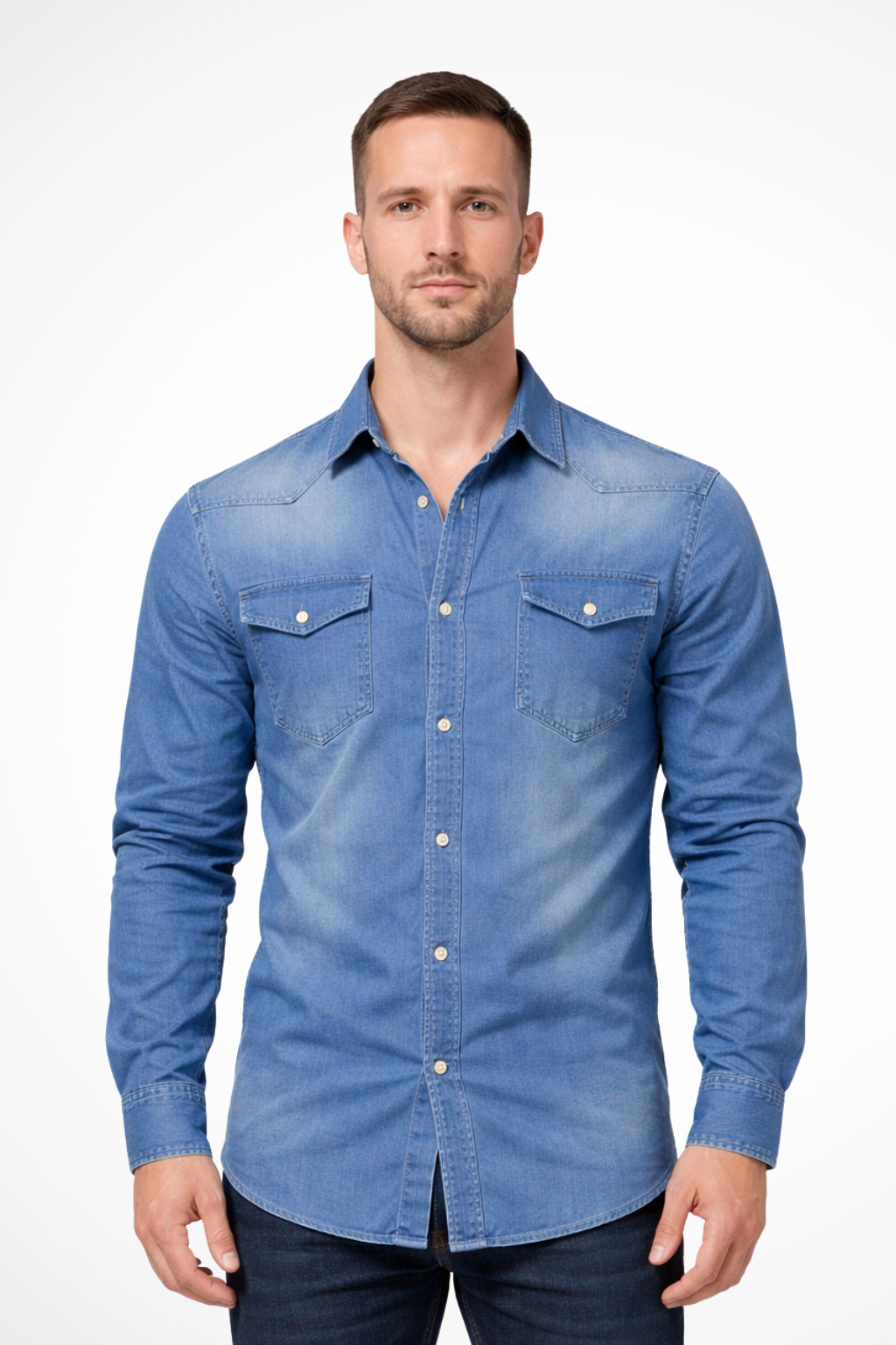 Slim-fit long-sleeve button-down denim shirt for men | Aiden -4