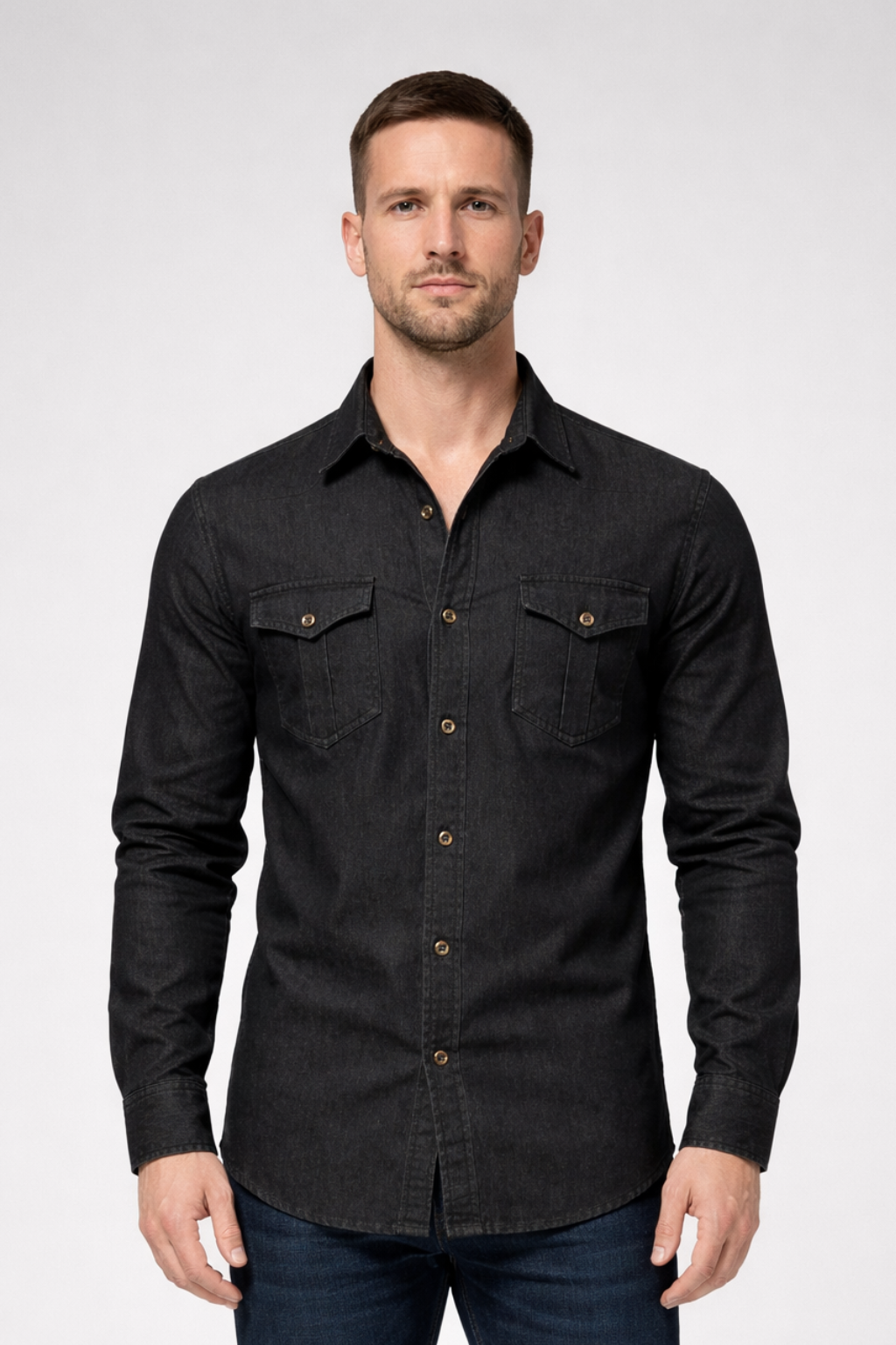 Slim-fit long-sleeve button-down denim shirt for men | Aiden -1