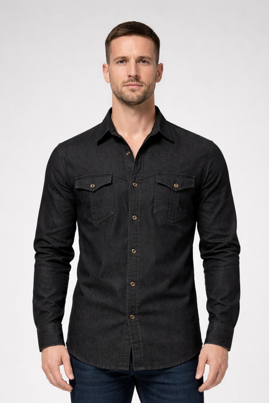 Slim-fit long-sleeve button-down denim shirt for men | Aiden -1