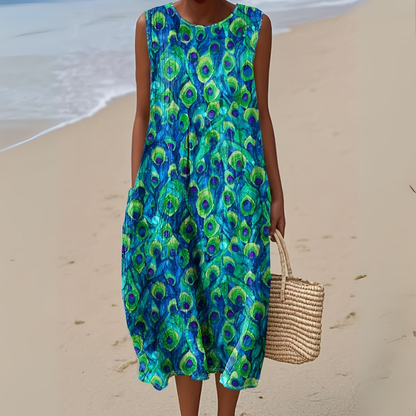 Haltered Watercolour peacock dress for women | Celina