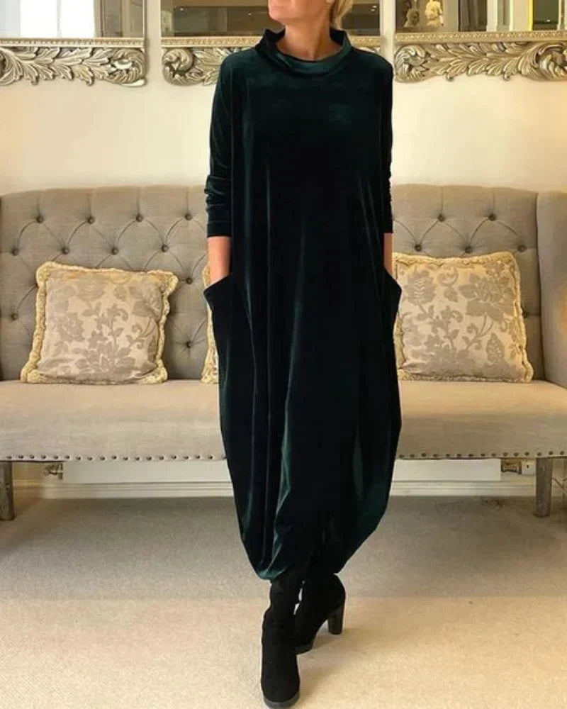 Cosy velvety winter midi dress with pockets for women | Etta -1