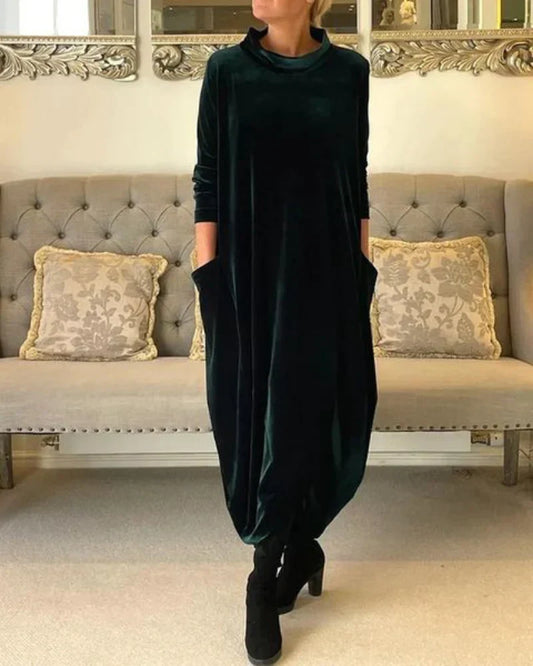 Cosy velvety winter midi dress with pockets for women | Etta -1