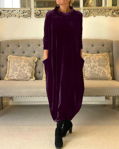 Cosy velvety winter midi dress with pockets for women | Etta -2