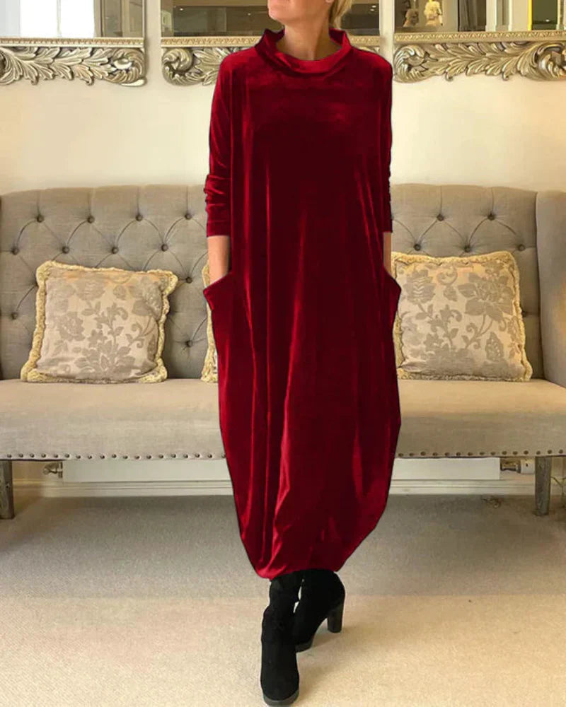 Cosy velvety winter midi dress with pockets for women | Etta -3