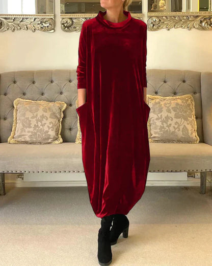 Cosy velvety winter midi dress with pockets for women | Etta -3