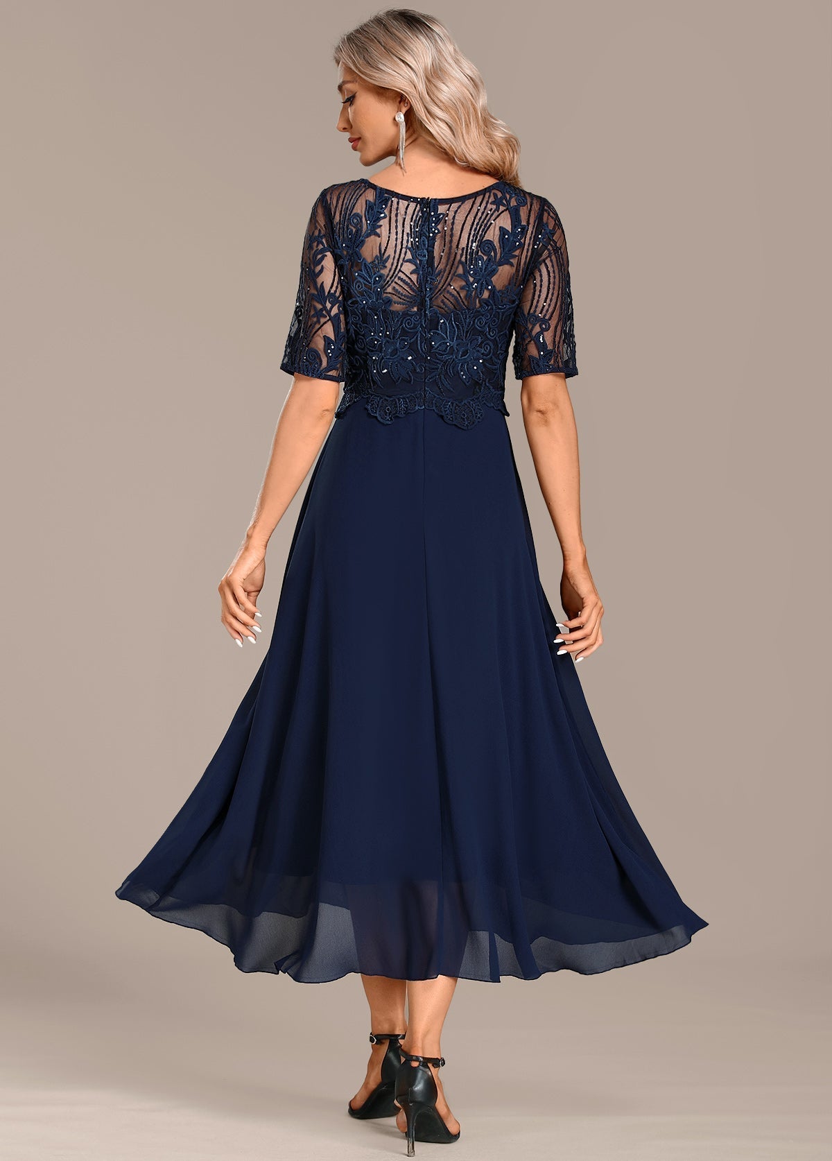 Balanced Navy lace short sleeve midi dress for women | Sophie