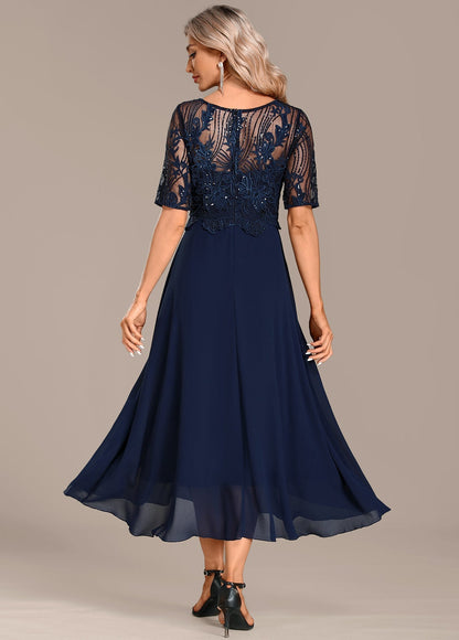 Balanced Navy lace short sleeve midi dress for women | Sophie