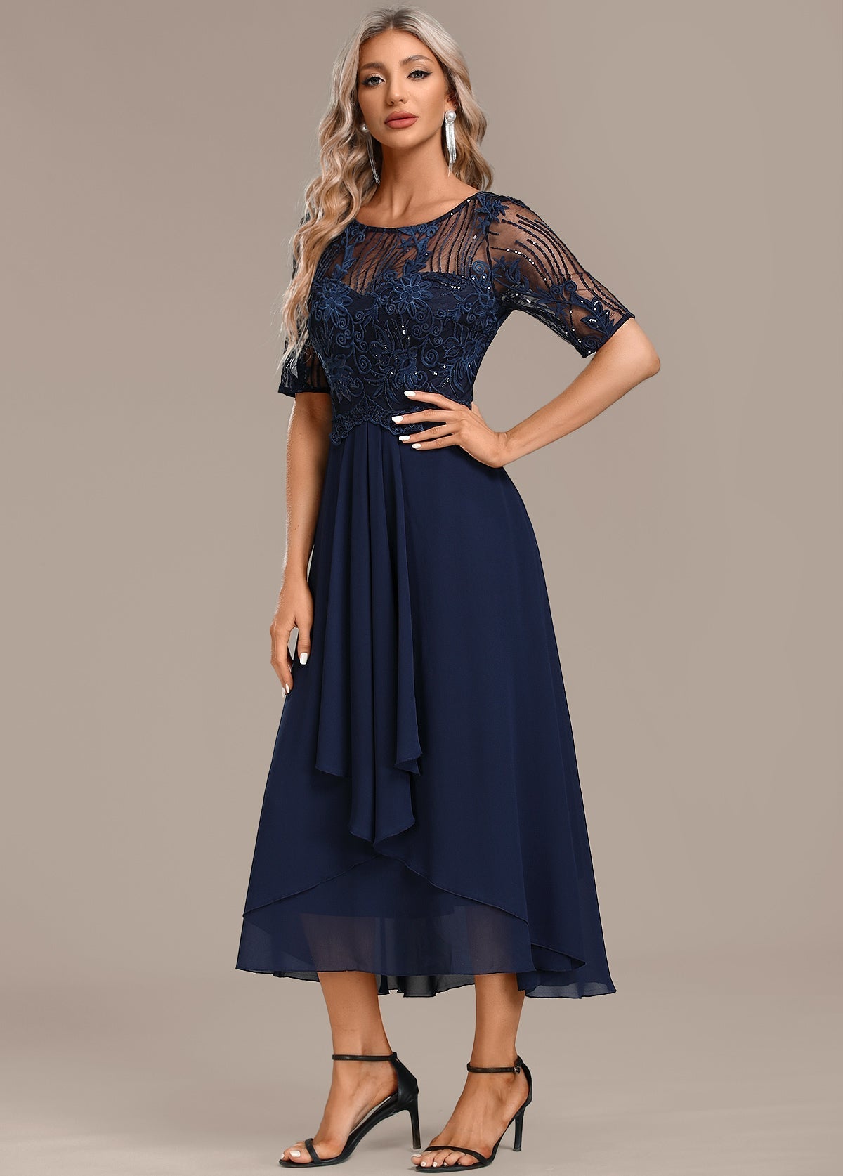 Balanced Navy lace short sleeve midi dress for women | Sophie