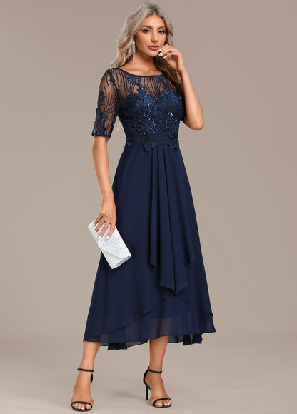 Balanced Navy lace short sleeve midi dress for women | Sophie