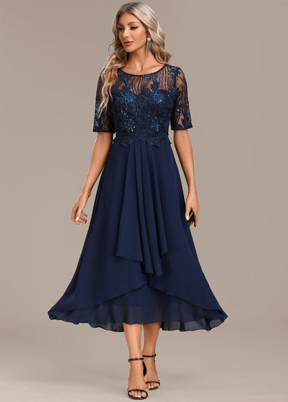 Balanced Navy lace short sleeve midi dress for women | Sophie