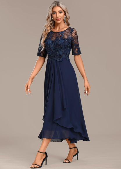 Balanced Navy lace short sleeve midi dress for women | Sophie