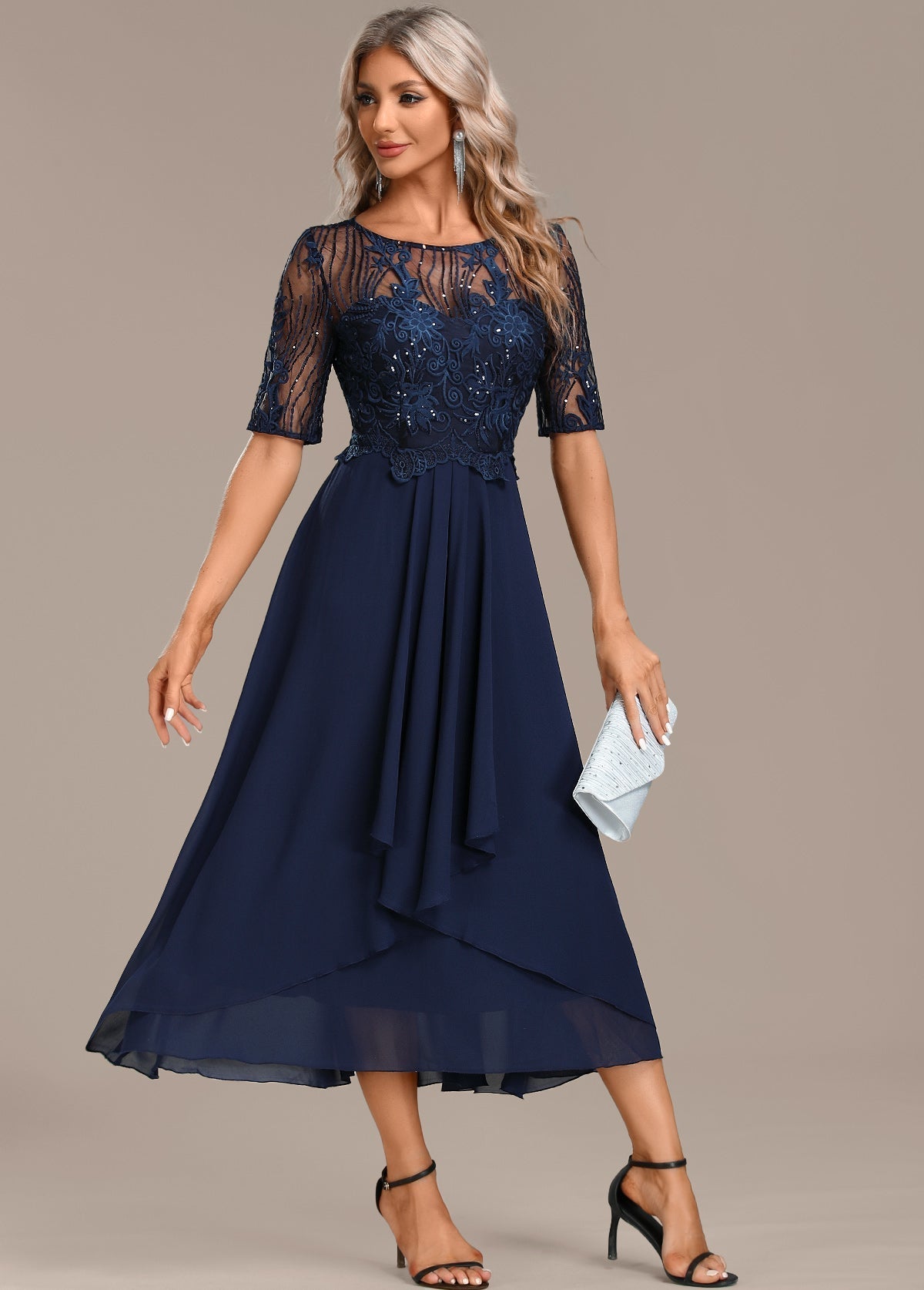 Balanced Navy lace short sleeve midi dress for women | Sophie