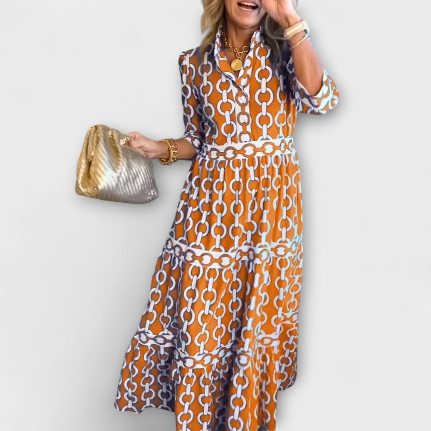 Flared Midi dress with chain pattern for women | Juliette