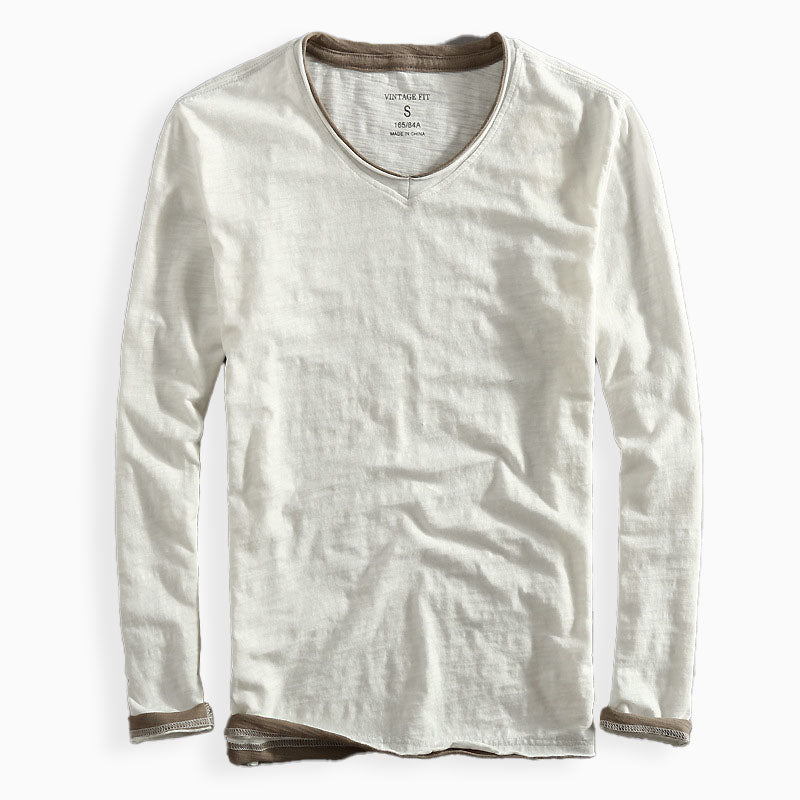 V-neck contrast trim long-sleeve shirt for men -4