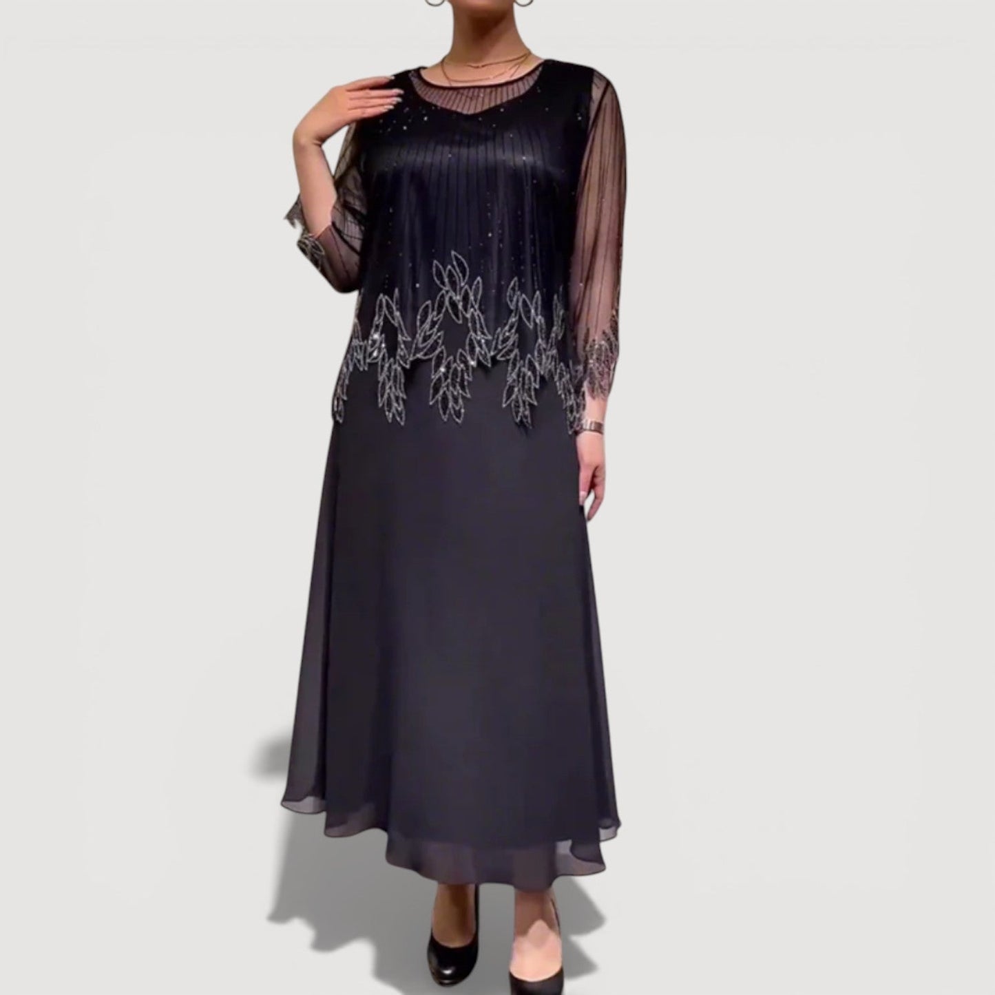 Elegant sheer-sleeve occasion midi dress for women | Doris -2