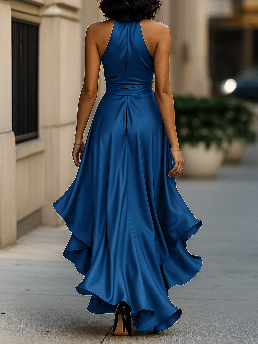 Sleek satin halter ruffle evening gown for women -12