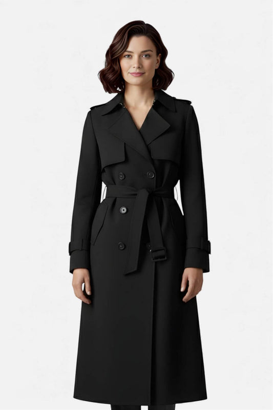 Cocooned Belted long trench coat with double-button front for women | Caurelle