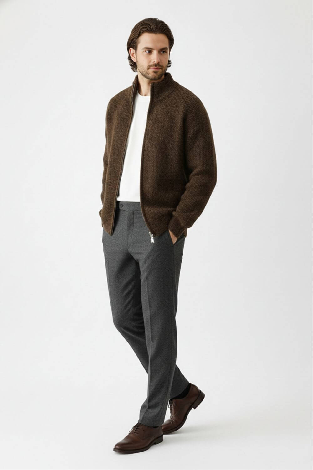Heated Zip knit jumper with stand collar for men | Caurelle