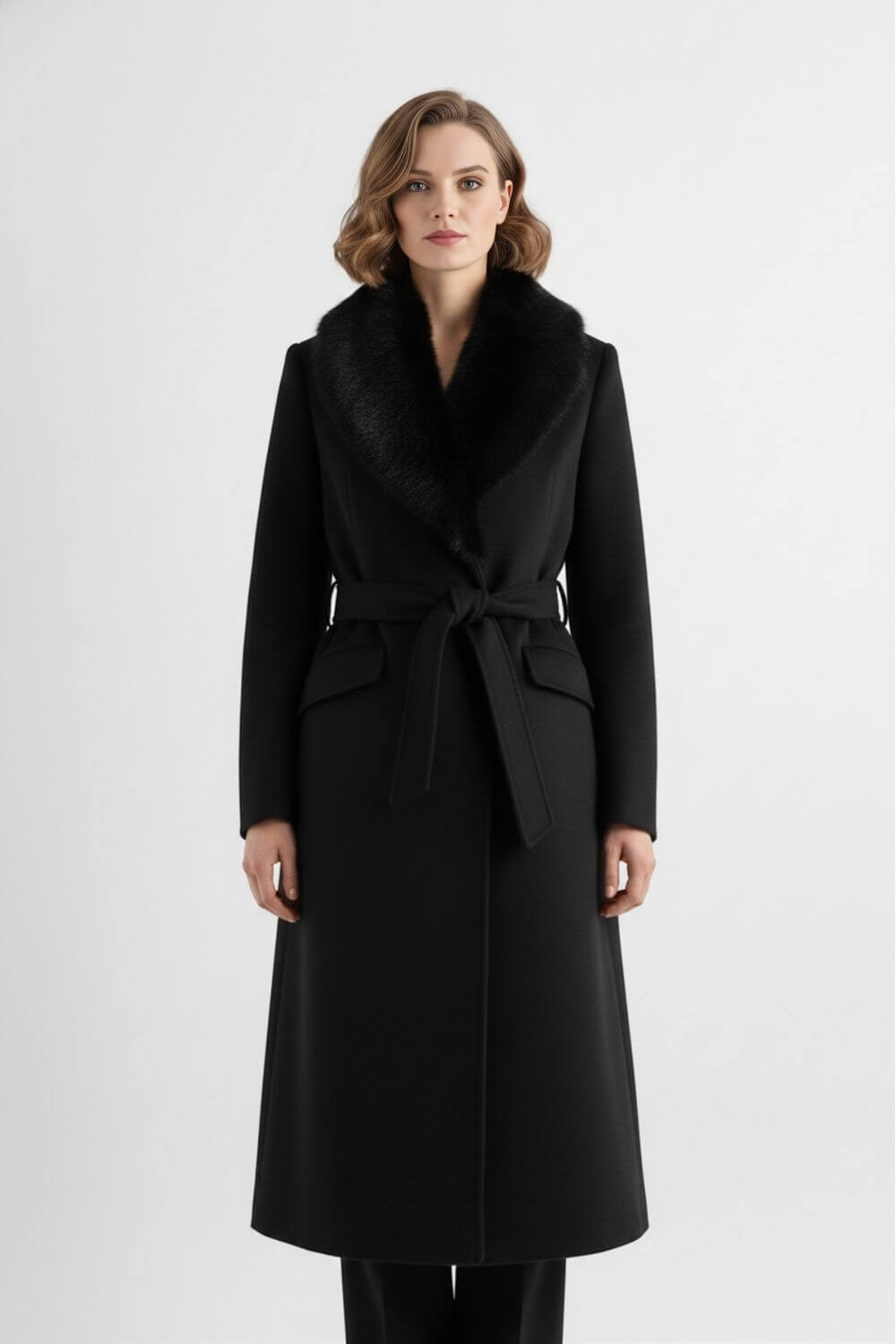 Refuge Long coat with soft collar and belted waist for women | Caurelle