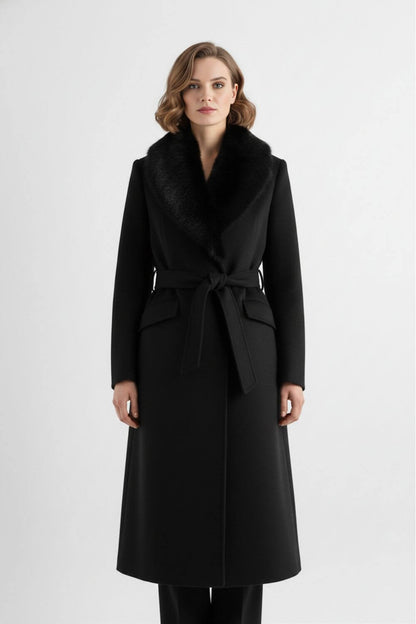 Refuge Long coat with soft collar and belted waist for women | Caurelle