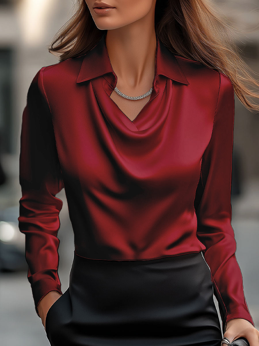 Elegant draped-neckline satin blouse for women -9