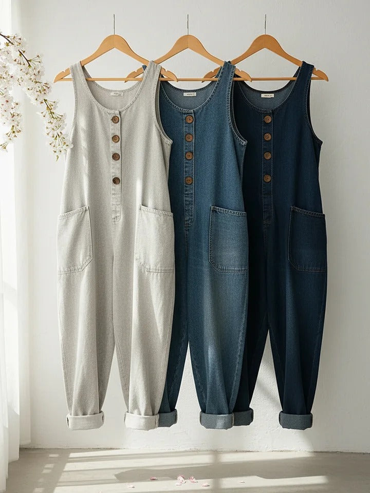 Sleeveless washed denim casual jumpsuit for women | Maren -6