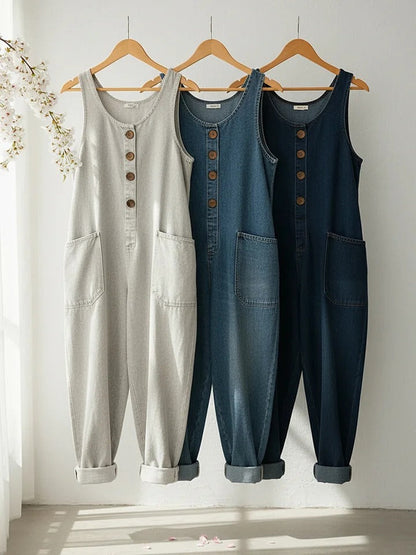 Sleeveless washed denim casual jumpsuit for women | Maren -6