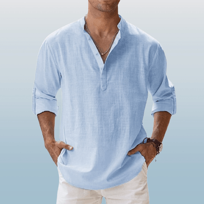 Casual linen blend henley shirt for men -2