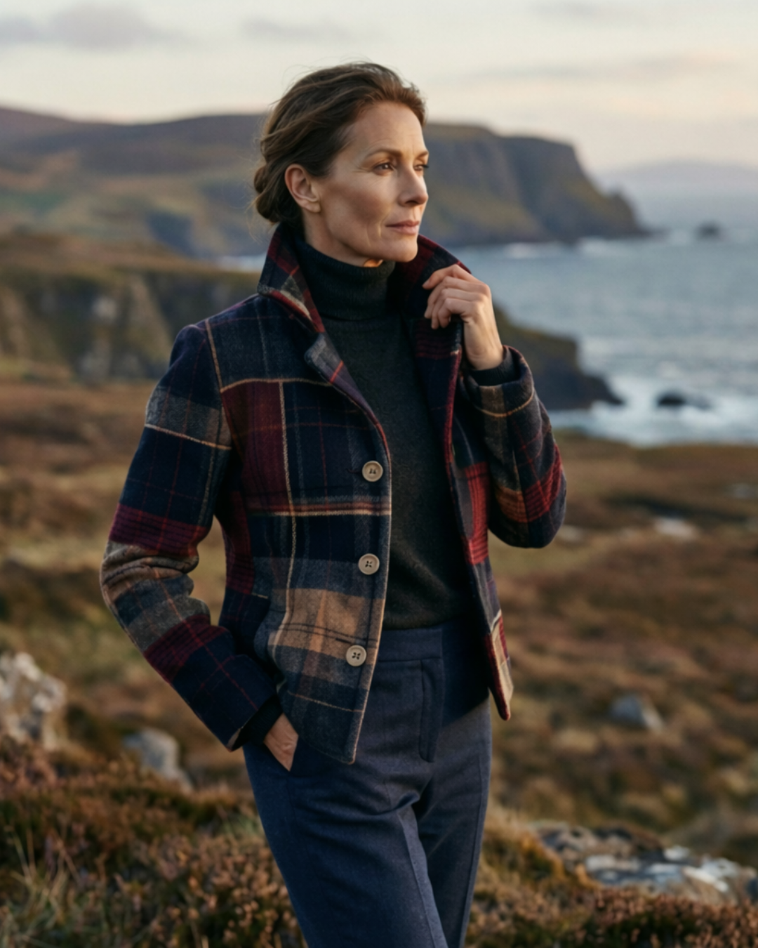 Classic plaid stand-collar jacket for women | Ira -5