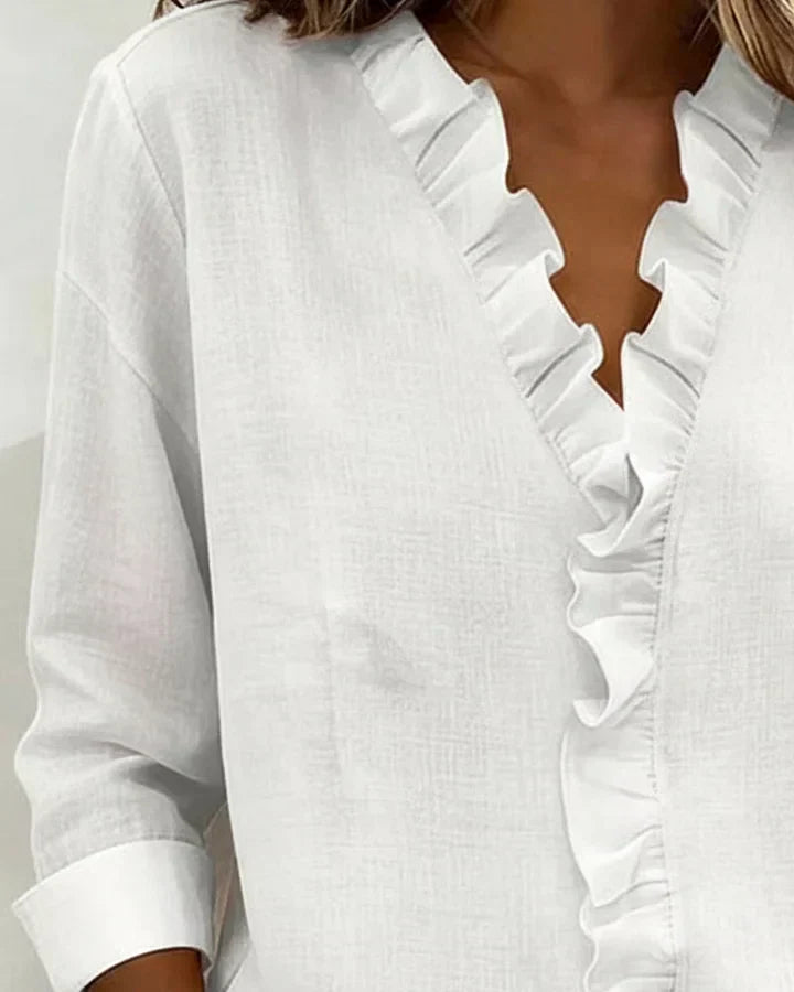 Crew Blouse with ruffled V-neck and long sleeves for women | Indie