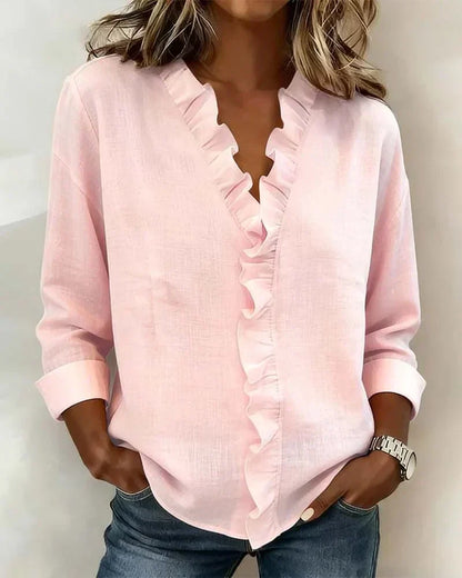 Crew Blouse with ruffled V-neck and long sleeves for women | Indie