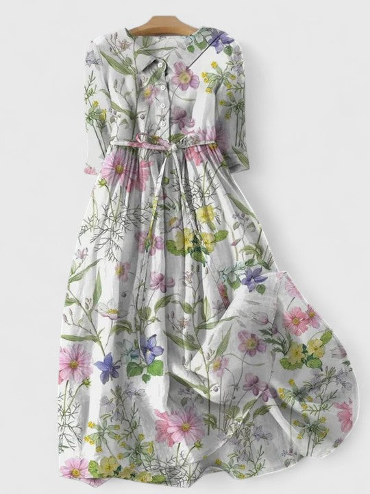 Embroidered Elegant mid-length dress with lace-up detail for women | Eryzelle