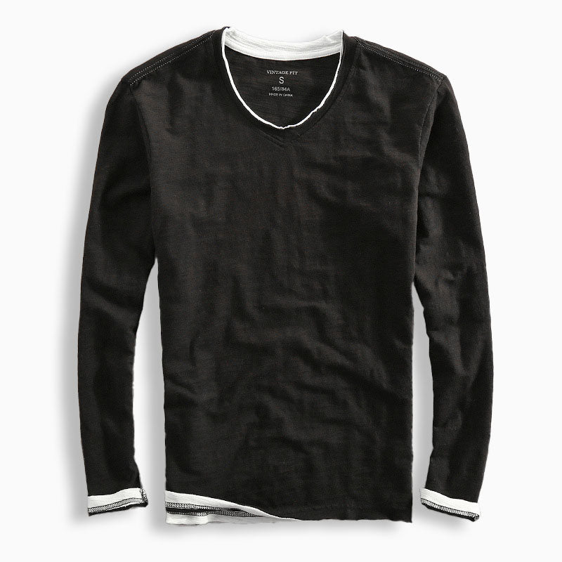 V-neck contrast trim long-sleeve shirt for men -3