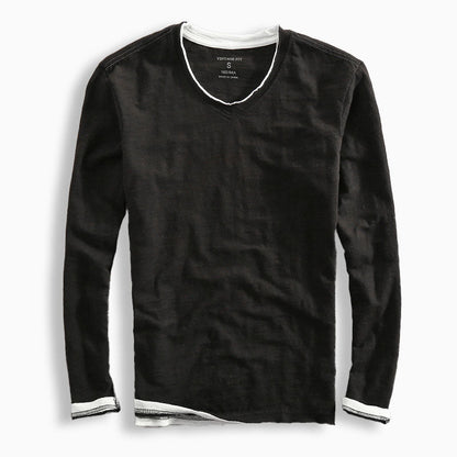 V-neck contrast trim long-sleeve shirt for men -3