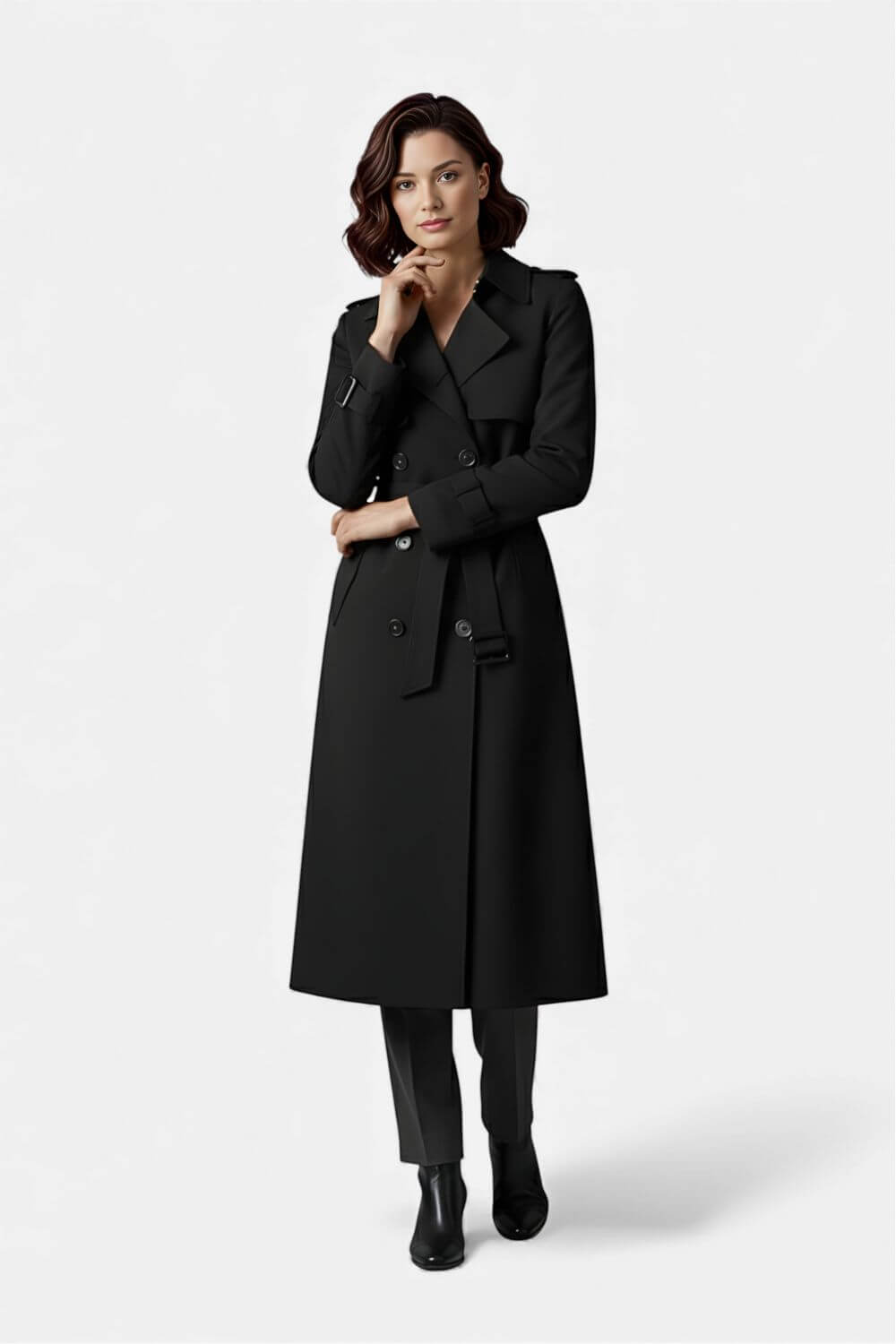 Cocooned Belted long trench coat with double-button front for women | Caurelle