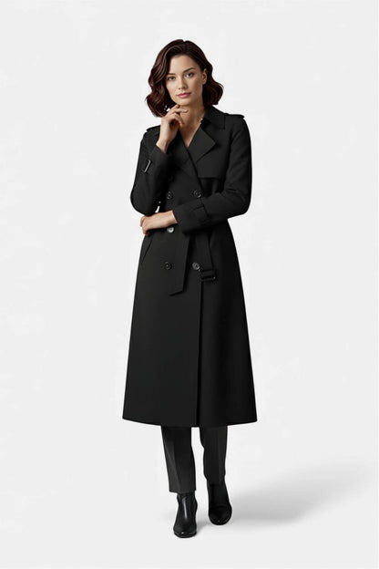 Cocooned Belted long trench coat with double-button front for women | Caurelle