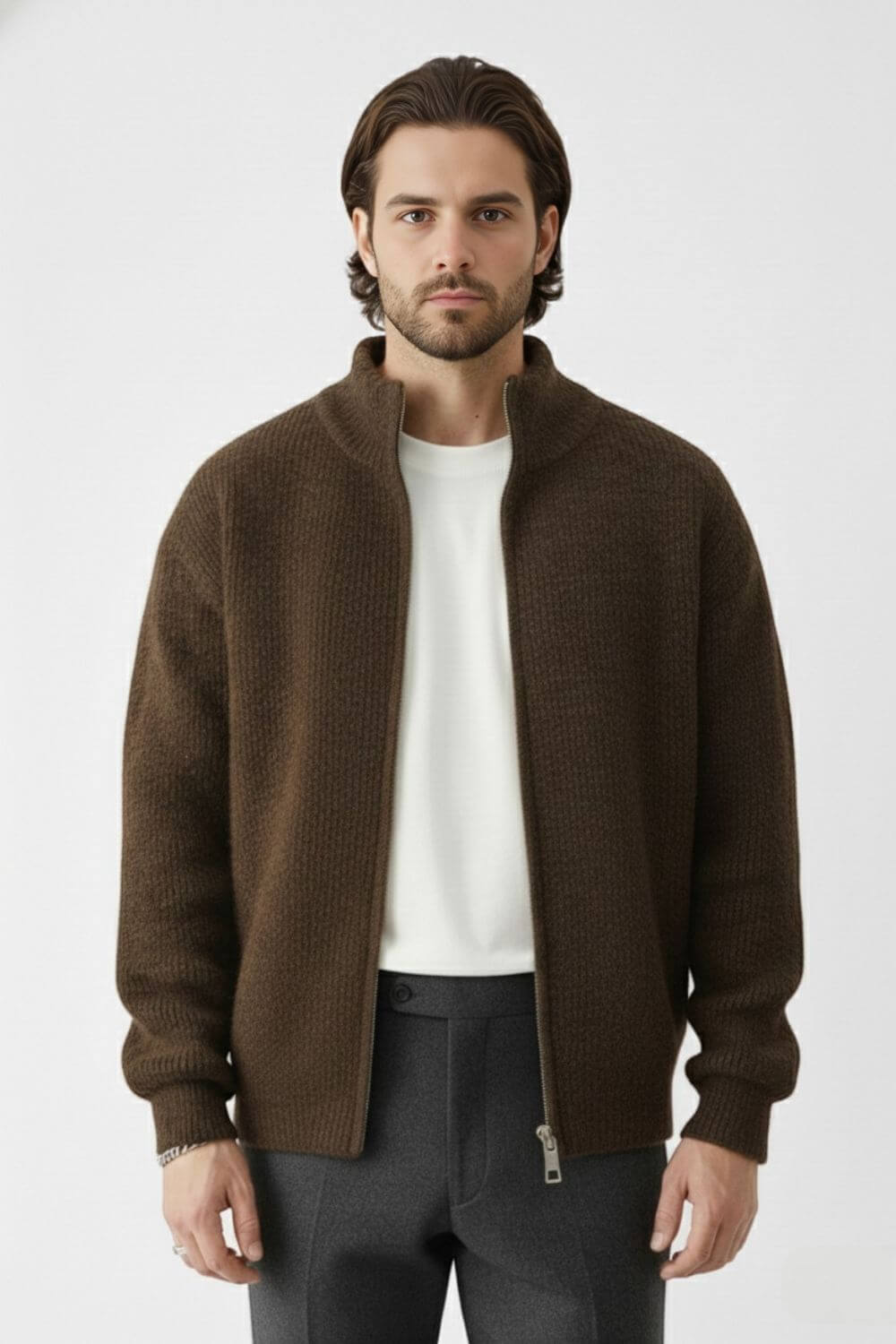 Full-zip stand-collar knit jacket for men -1
