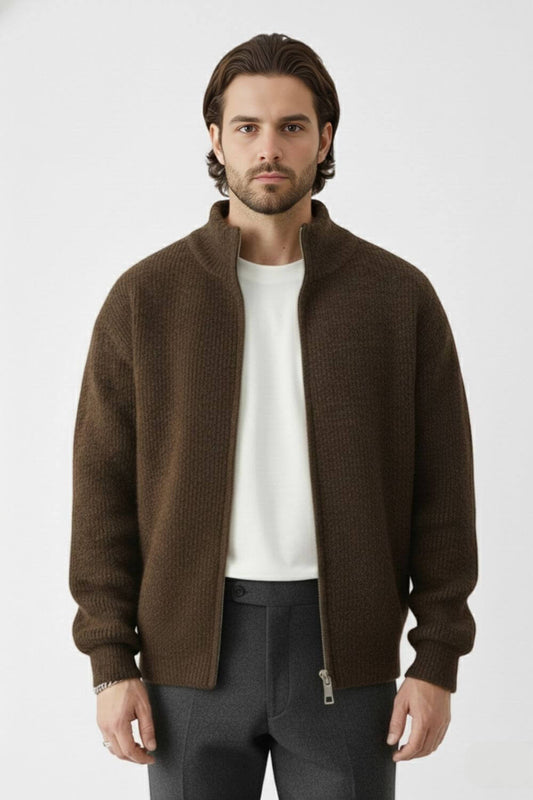 Heated Zip knit jumper with stand collar for men | Caurelle